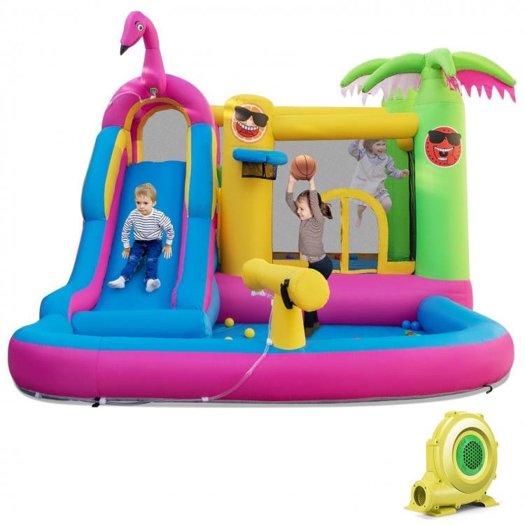 Inflatable bounce castle with water slide, basketball hoop, and 50 ocean balls for summer fun and active play.
