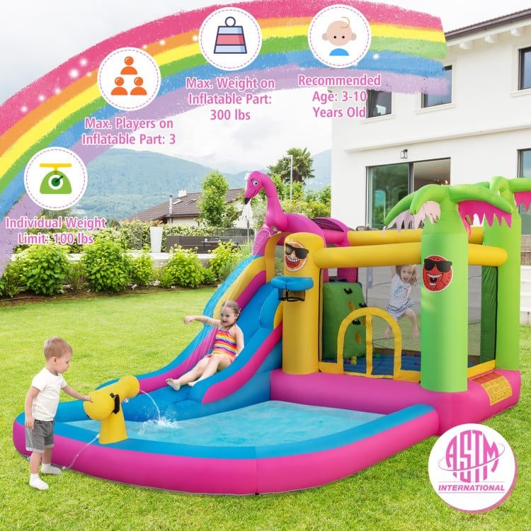 Inflatable bounce castle with water slide, featuring vibrant colors, mesh netting, and water gun for kids' summer fun.
