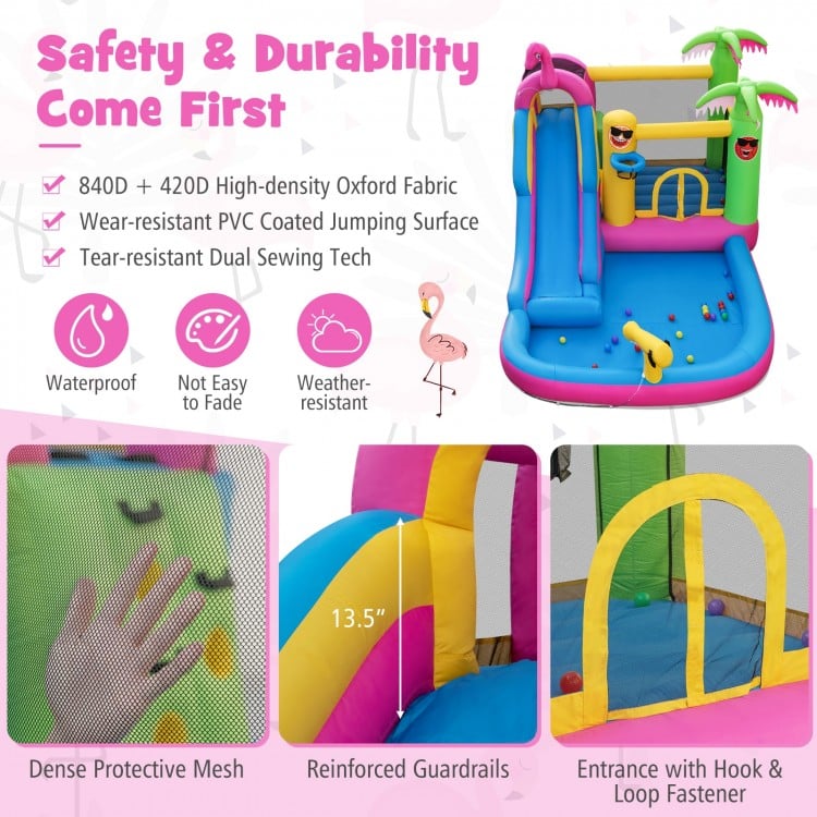 Inflatable bounce castle with water slide, made of durable 840D oxford fabric, includes 50 ocean balls for summer fun.