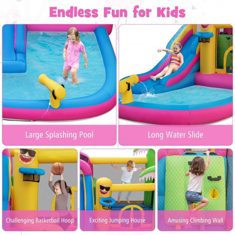 Inflatable bounce castle with long water slide, featuring a large splashing pool and basketball hoop for kids' fun.