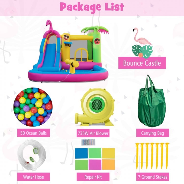 Inflatable bounce castle with water slide, 50 ocean balls, 735W blower, and carrying bag for summer fun.