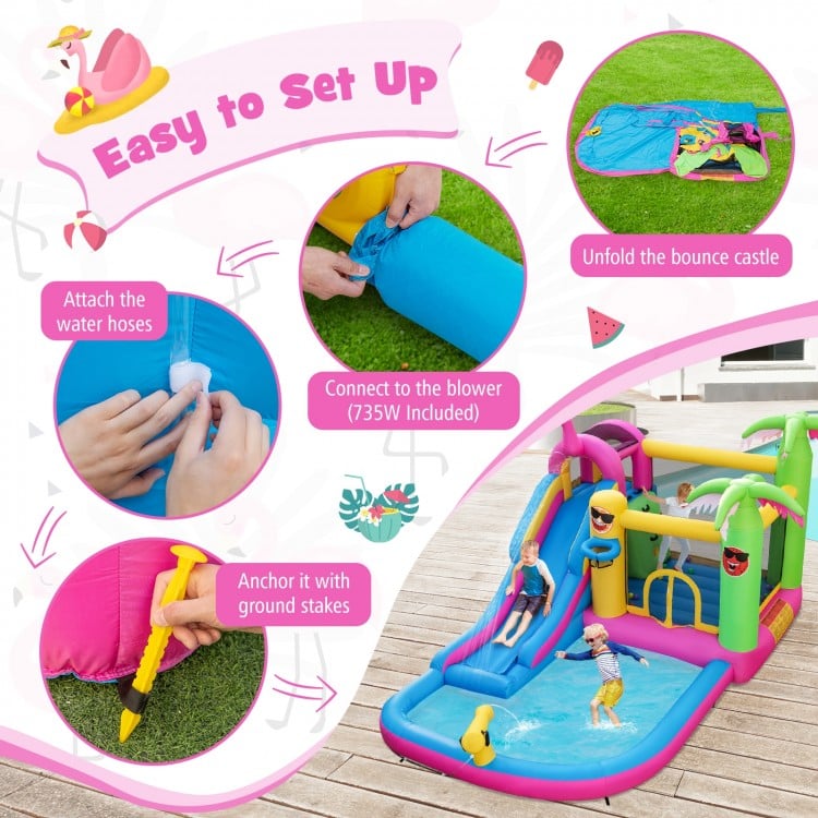 Inflatable bounce castle with water slide, featuring 735W blower, mesh netting, and ground stakes for stability.