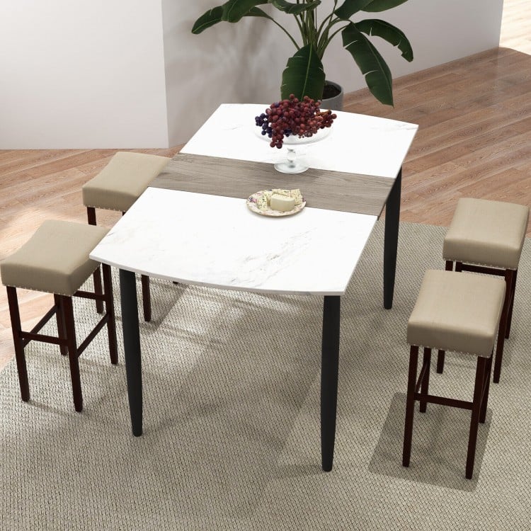 Beige upholstered bar stools with solid rubber wood legs, perfect for pairing with a 40-43 inch bar table.