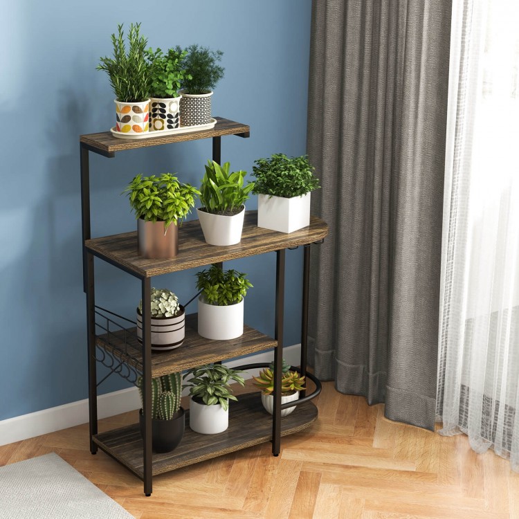 4-tier kitchen bakers rack in rustic brown with plants, featuring removable top shelf and sturdy metal frame for.
