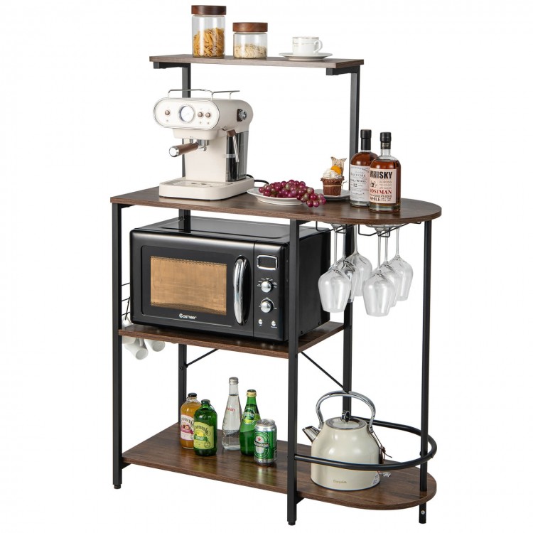 4-tier kitchen bakers rack in rustic brown with countertop, shelves, and stemware racks for versatile storage solutions.