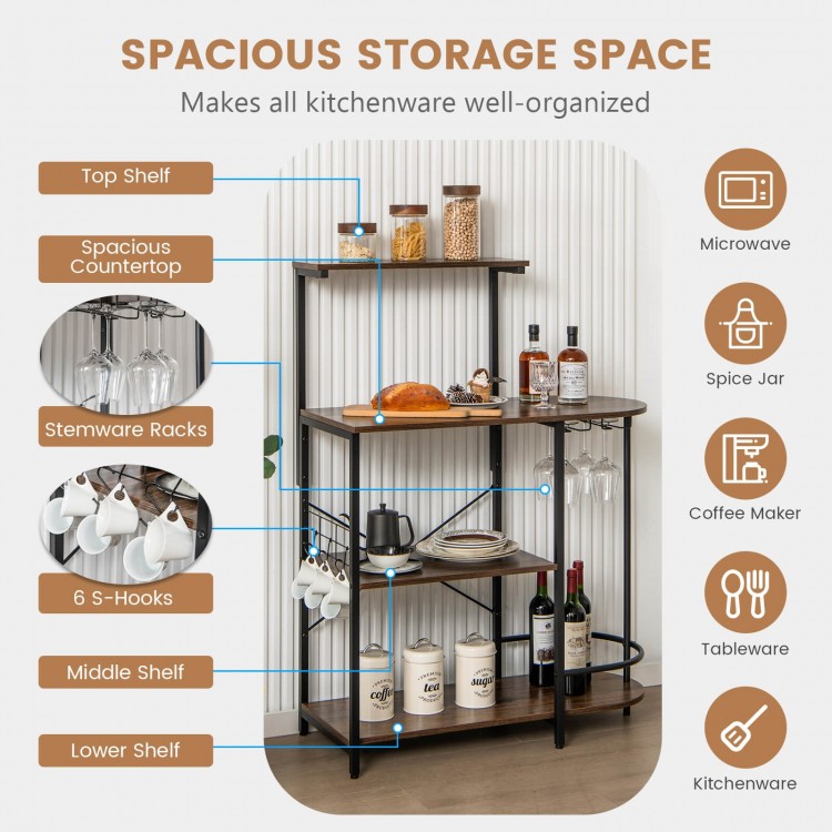 4-tier kitchen bakers rack in rustic brown with ample storage, 6 S-hooks, and stemware racks for organized kitchenware.
