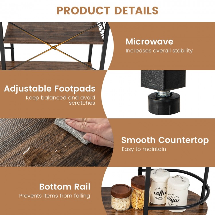 4-tier kitchen bakers rack in rustic brown with adjustable footpads and smooth countertop, ideal for kitchen storage.