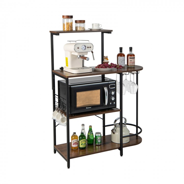 4-tier kitchen bakers rack in rustic brown with microwave, coffee maker, and wine glass storage for versatile use.