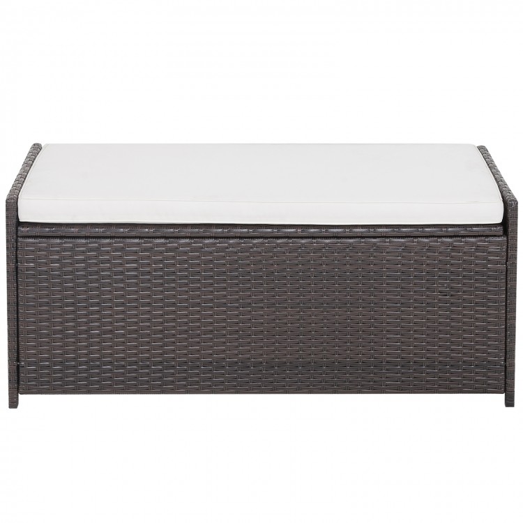 Patio storage bench with seat cushion, made of brown PE rattan, 34-gallon capacity, ideal for outdoor use.