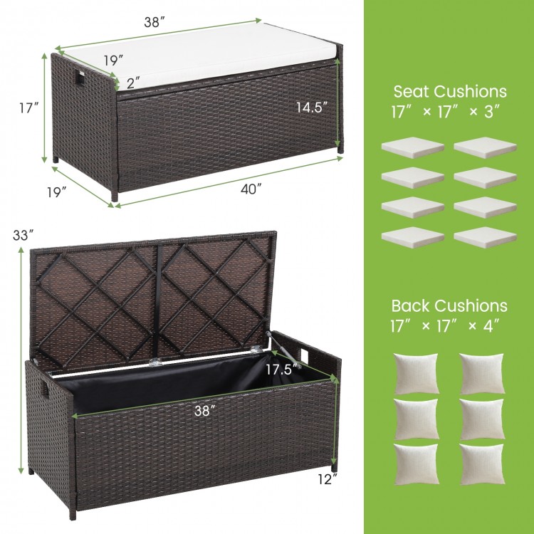 Patio storage bench with seat cushion, made of durable brown PE rattan, featuring a 34-gallon capacity for outdoor use.