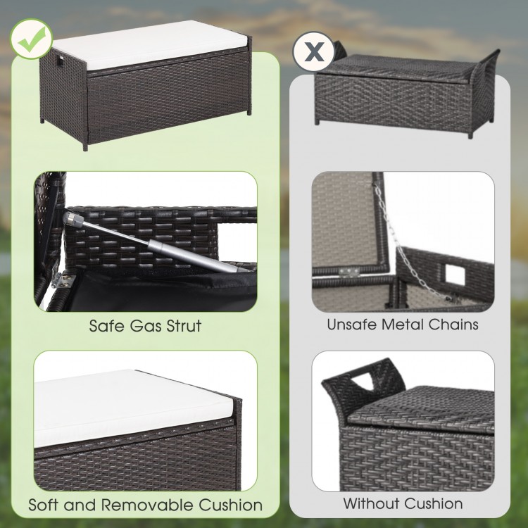 Patio storage bench with soft cushion, heavy-duty metal frame, and gas struts for easy lid operation, perfect for.