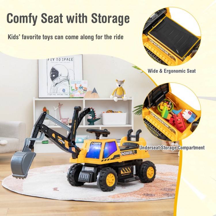 Kids powered ride-on bulldozer in yellow with front digger shovel and underseat storage for imaginative play.