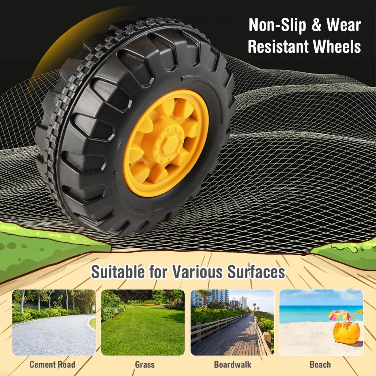 Non-slip yellow wheels of the Kids ASTM Certificated Powered Ride On Bulldozer, suitable for various surfaces.