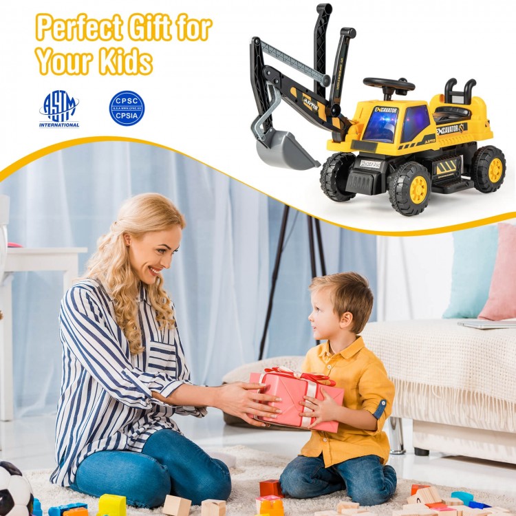 Kids powered ride-on bulldozer in yellow with front digger shovel, perfect for indoor and outdoor play.