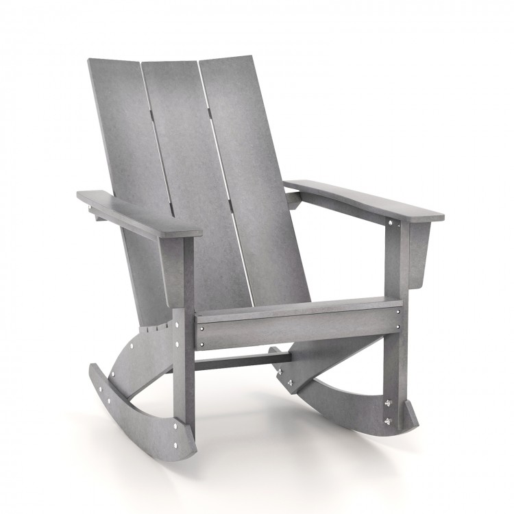Gray Adirondack rocking chair featuring a sturdy HDPE design, ideal for comfortable outdoor seating on your balcony.