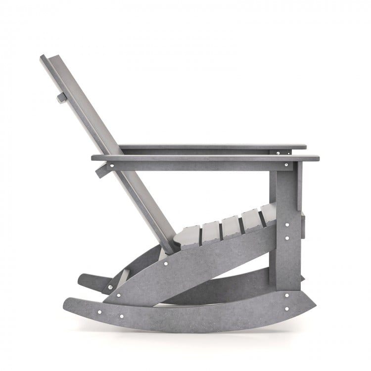 Side view of a gray Adirondack rocking chair with a curved backrest, designed for outdoor balcony comfort.