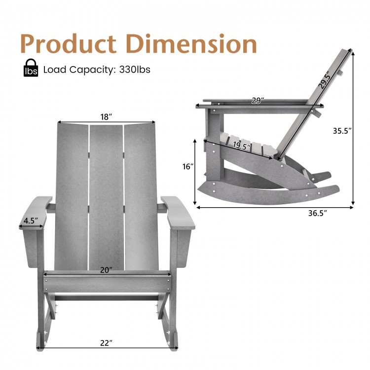 Adirondack rocking chair with curved back, gray HDPE material, 330 lbs capacity, ideal for balcony relaxation.