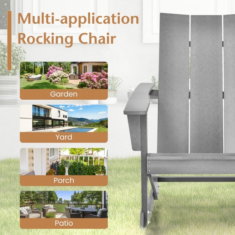 Adirondack rocking chair in gray with curved backrest, perfect for outdoor use on patio, porch, or yard.