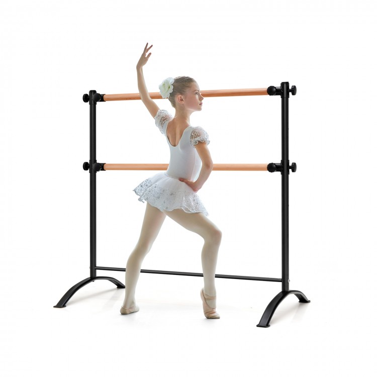 Freestanding double ballet barre in black with adjustable height, durable beech wood, ideal for home or studio training.