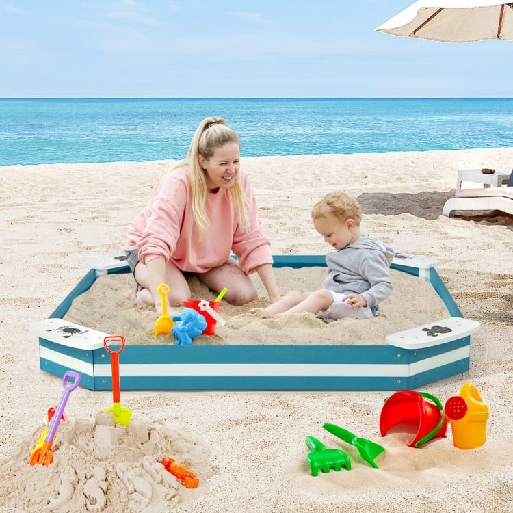 Outdoor solid wood sandbox with built-in animal seats, perfect for 2-3 kids to play safely at the beach or backyard.