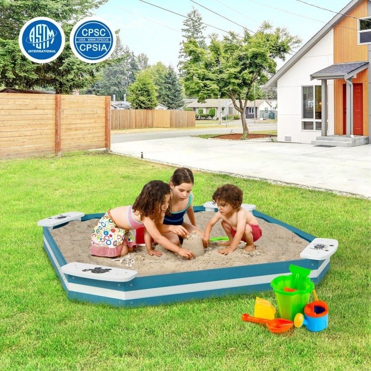 Outdoor solid wood sandbox featuring 4 built-in animal pattern seats, perfect for 2-3 children to play safely.