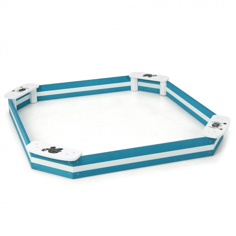 Hexagonal outdoor solid wood sandbox with built-in animal pattern seats, designed for 2-3 children to play safely.