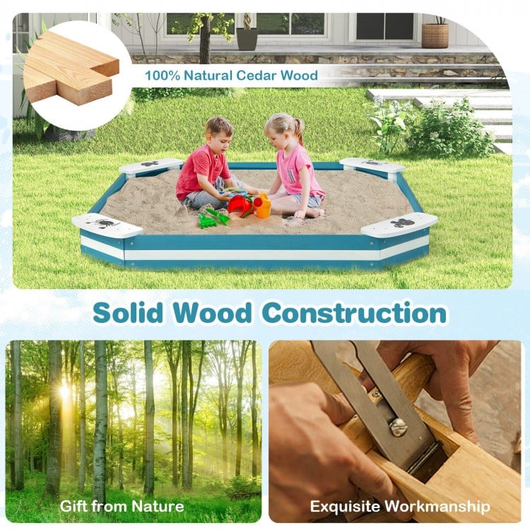 Outdoor solid wood sandbox made of natural cedar with 4 built-in animal pattern seats for kids' playtime.