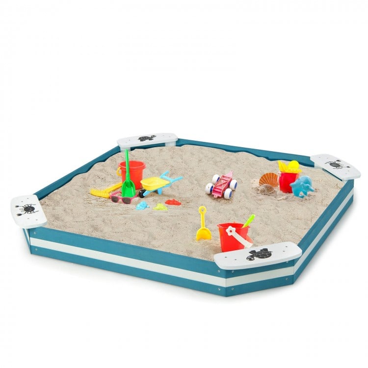 Outdoor solid wood sandbox featuring built-in animal pattern seats, perfect for 2-3 kids to play safely.