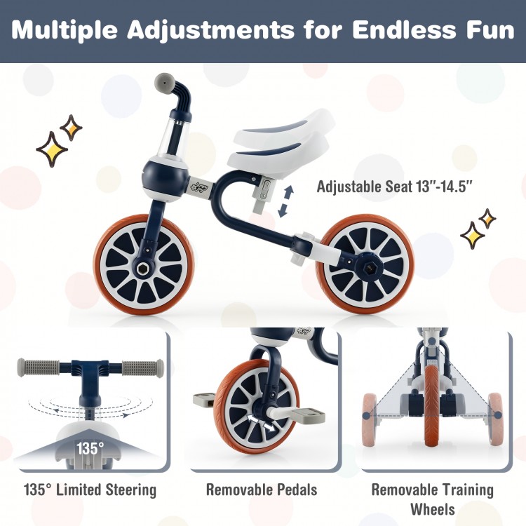 Kids trike bike in navy with adjustable seat and removable pedals, designed for ages 2-4, featuring non-slip EVA wheels.