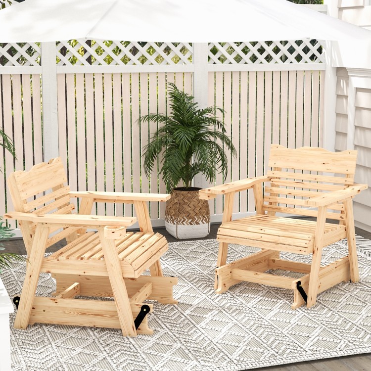 Two outdoor wood rocking chairs with high backs and widened armrests, made of fir wood, perfect for rustic home decor.