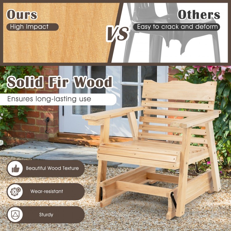 Outdoor wood rocking chair with high back and widened armrests, made of durable fir wood for comfort and style.