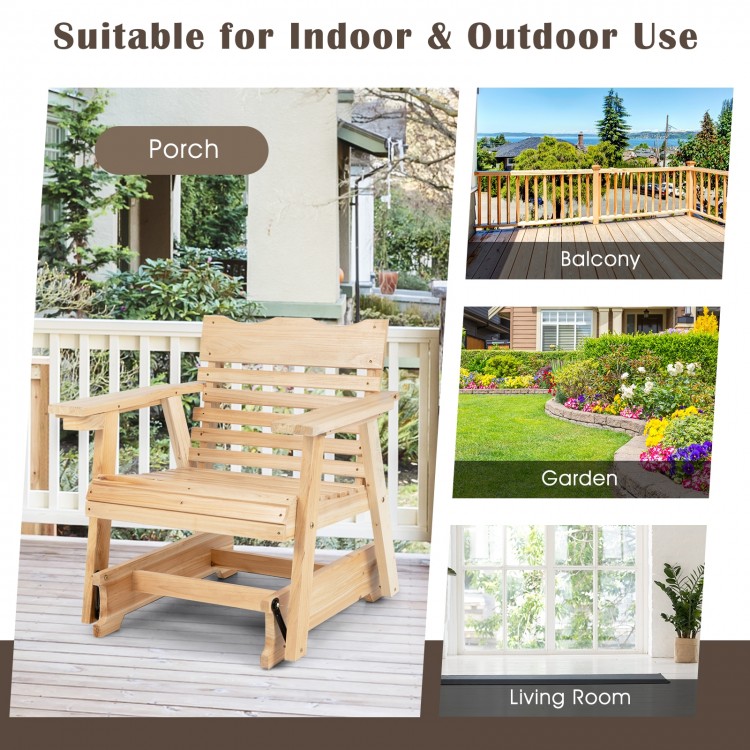 Outdoor wood rocking chair with high back and widened armrests, perfect for porch, balcony, or garden relaxation.