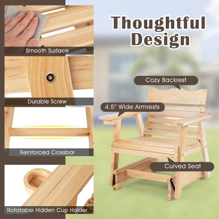 Close-up of the outdoor wood rocking chair showcasing the curved seat, widened armrests, and smooth surface design.