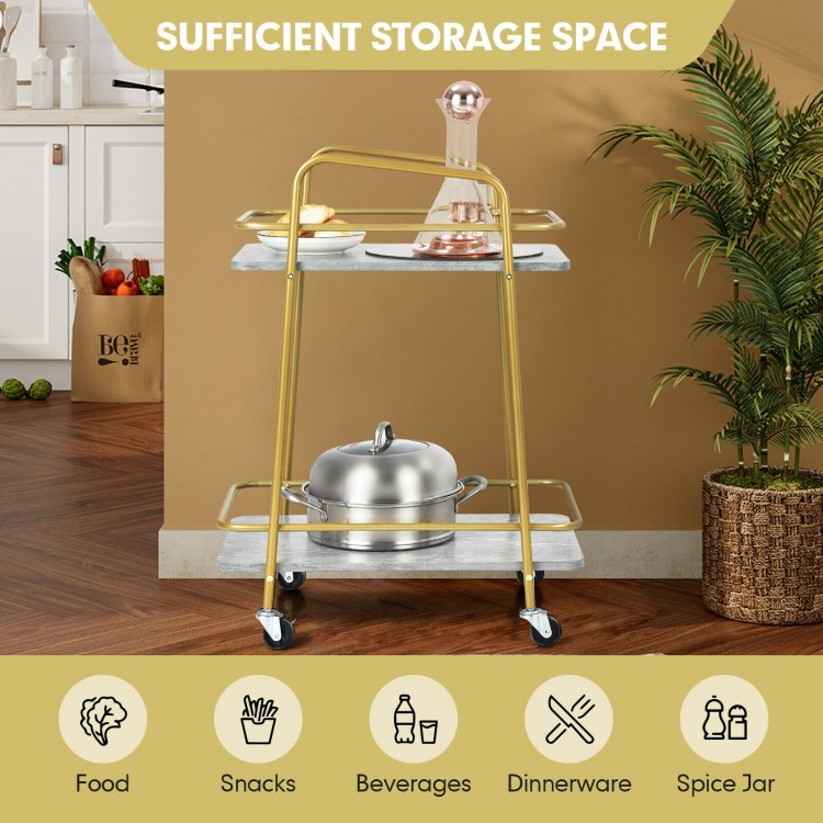 2-tier kitchen rolling cart with steel frame and lockable casters, ideal for versatile storage in kitchen or dining.