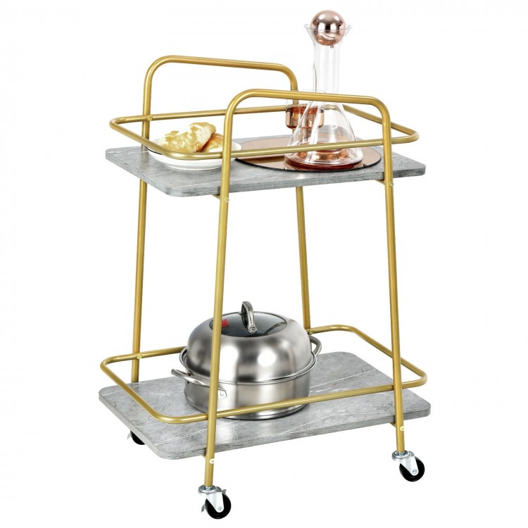 Close-up view of the 2-tier kitchen rolling cart showcasing the elegant gold steel frame and sturdy gray MDF shelves.