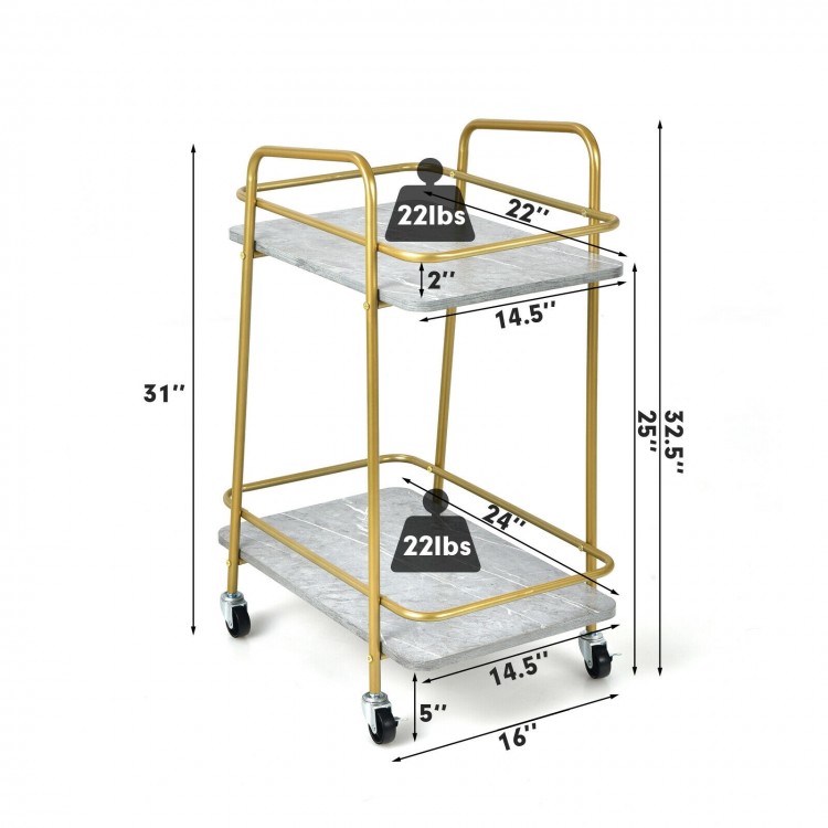 Side view of the 2-tier kitchen rolling cart with gold steel frame, showcasing dimensions and sturdy construction for.