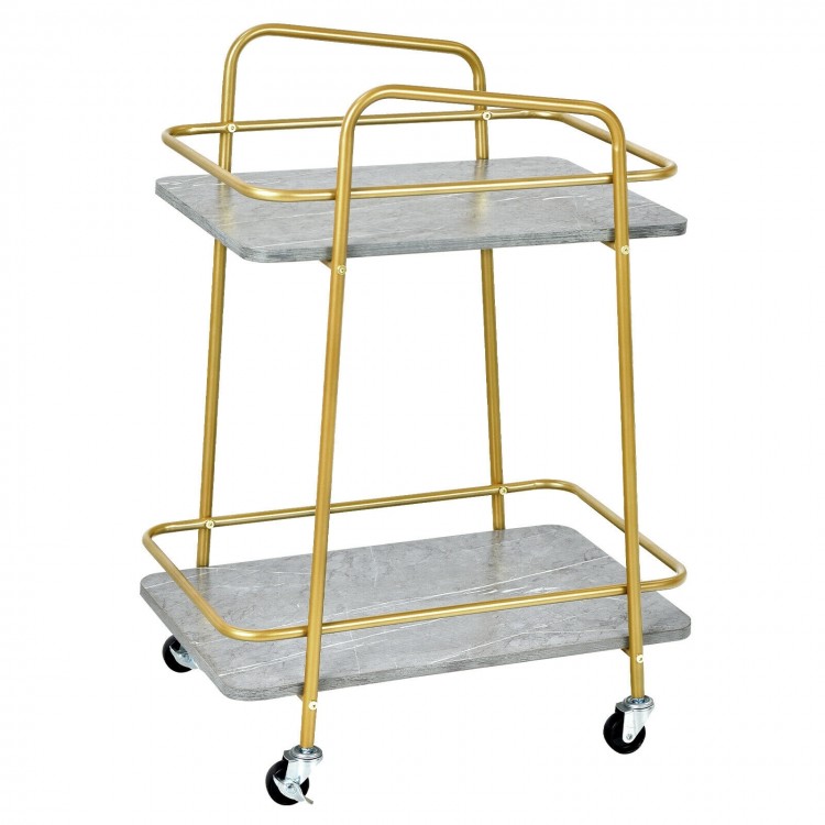 Front view of the 2-tier kitchen rolling cart with gold steel frame and gray MDF shelves, perfect for organizing.