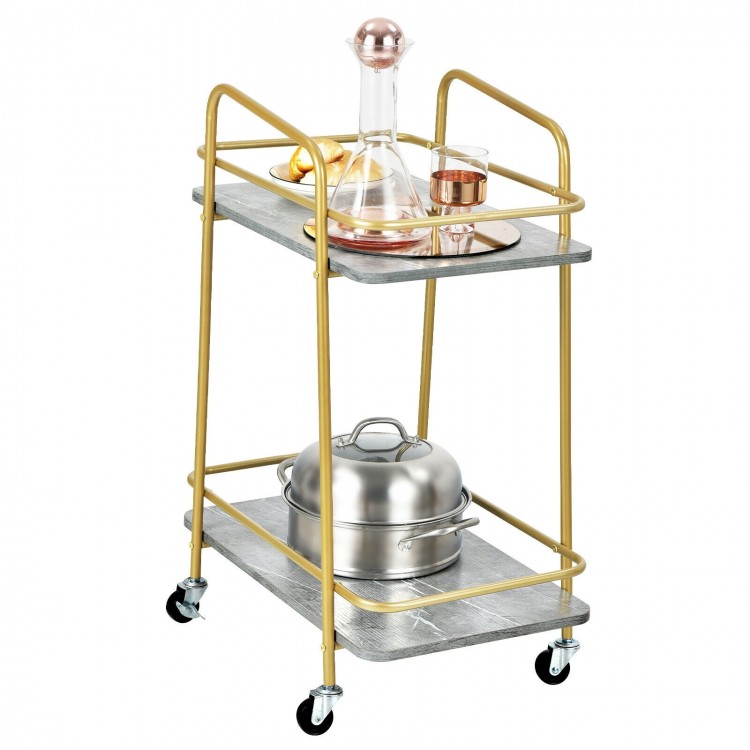 Top view of the 2-tier kitchen rolling cart featuring gray MDF shelves and a gold steel frame, perfect for stylish.