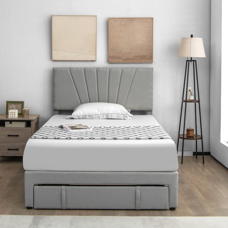 Upholstered full/queen bed frame with adjustable headboard and large pull-out drawer for convenient storage.