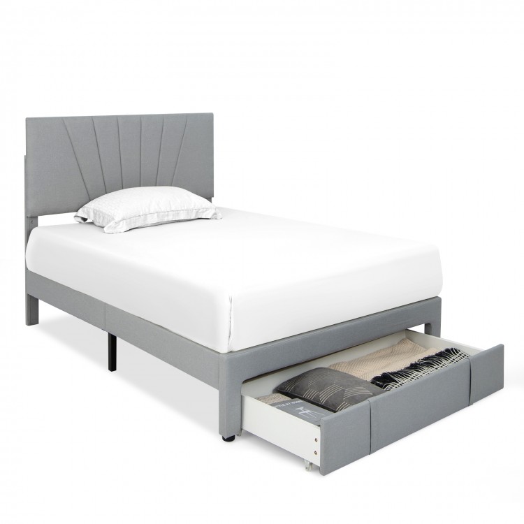 Upholstered full/queen bed frame with adjustable headboard and pull-out drawer for convenient storage.