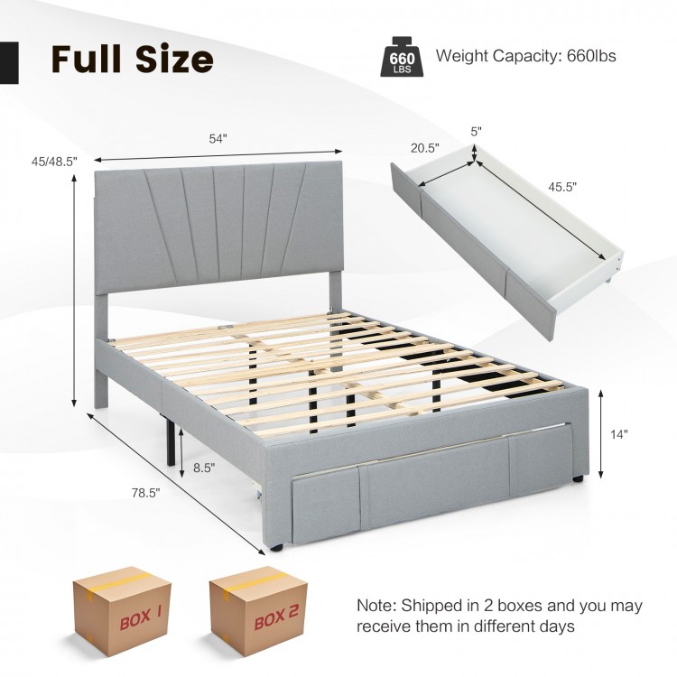 Full size upholstered bed frame with adjustable headboard and large pull-out drawer for convenient storage.