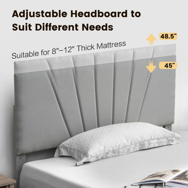 Adjustable headboard of the upholstered bed frame, suitable for 8"-12" thick mattresses, enhances bedroom comfort.