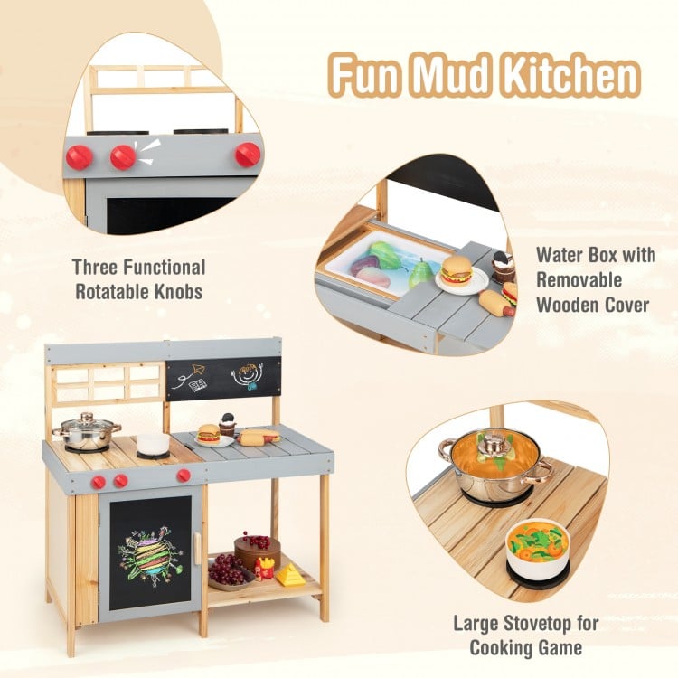 Outdoor kid's mud kitchen set featuring a large stovetop, detachable water box, and movable countertop for creative.