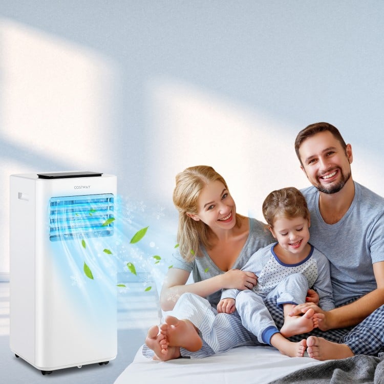 Portable 8000 BTU air conditioner with fan and dehumidifier, featuring a family enjoying cool air in a cozy room.