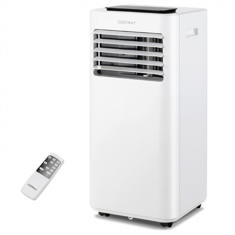 Portable 8000 BTU air conditioner with fan and dehumidifier, featuring remote control and adjustable settings for.