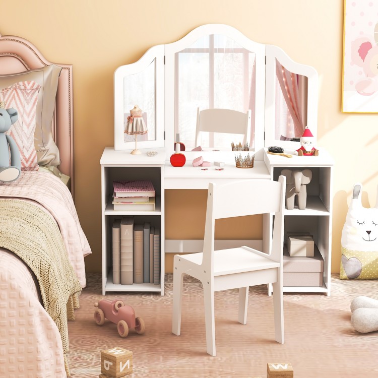 Kids vanity chair in white with ergonomic backrest, designed for comfort and safety, ideal for young children’s use.