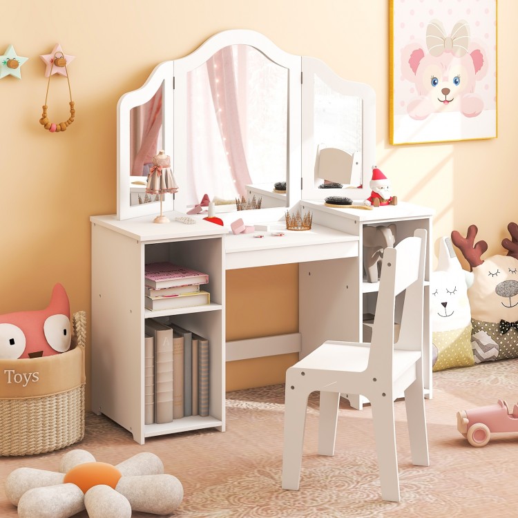 Kids vanity table set featuring a tri-folding mirror and four open cubbies for organized storage, perfect for young.