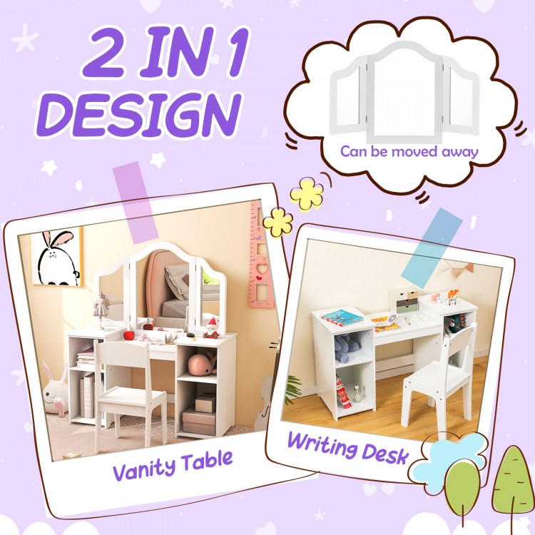Kids vanity table set in white with removable tri-folding mirror, dual-use as a writing desk, and ample storage space.