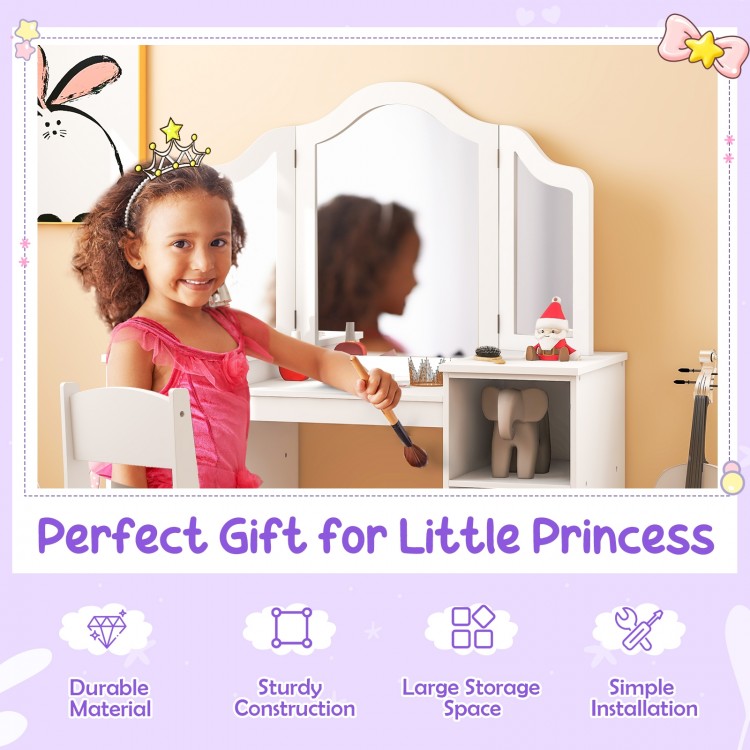 Kids vanity table and chair set in white with tri-folding mirror, offering ample storage and ergonomic design for.