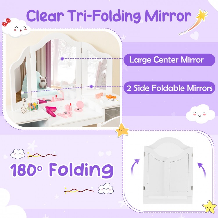 Kids vanity table set with removable tri-folding mirror, featuring large center mirror and 180° rotating side mirrors.